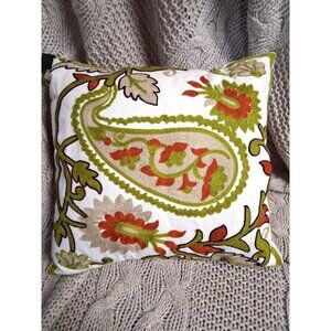 Newport Embroidered Paisley Decorative Throw Pillow 18"x18" Green & Orange on Wh